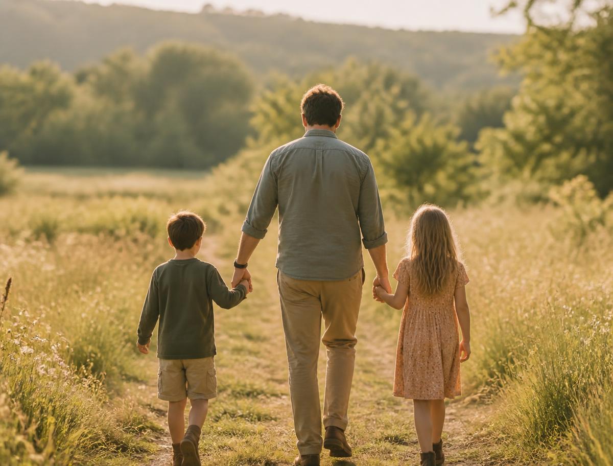 Vater geht mit zwei Kindern über einen sonnigen Wiesenweg
