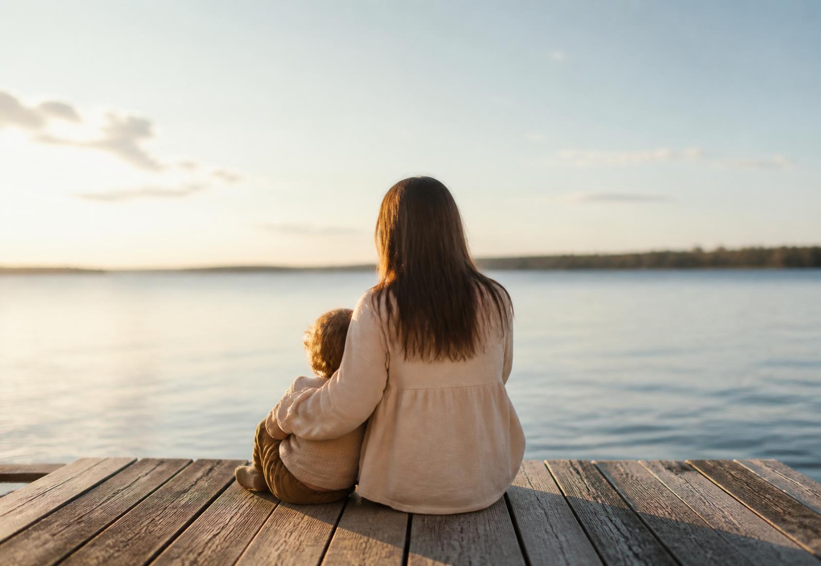 Mutter sitzt mit ihrem Kind am Wasser und schaut in die Ferne
