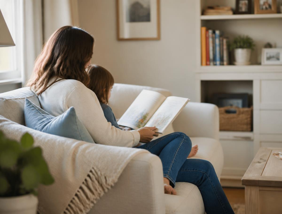 Mutter liest ihrem Kind auf dem Sofa ein Bilderbuch vor